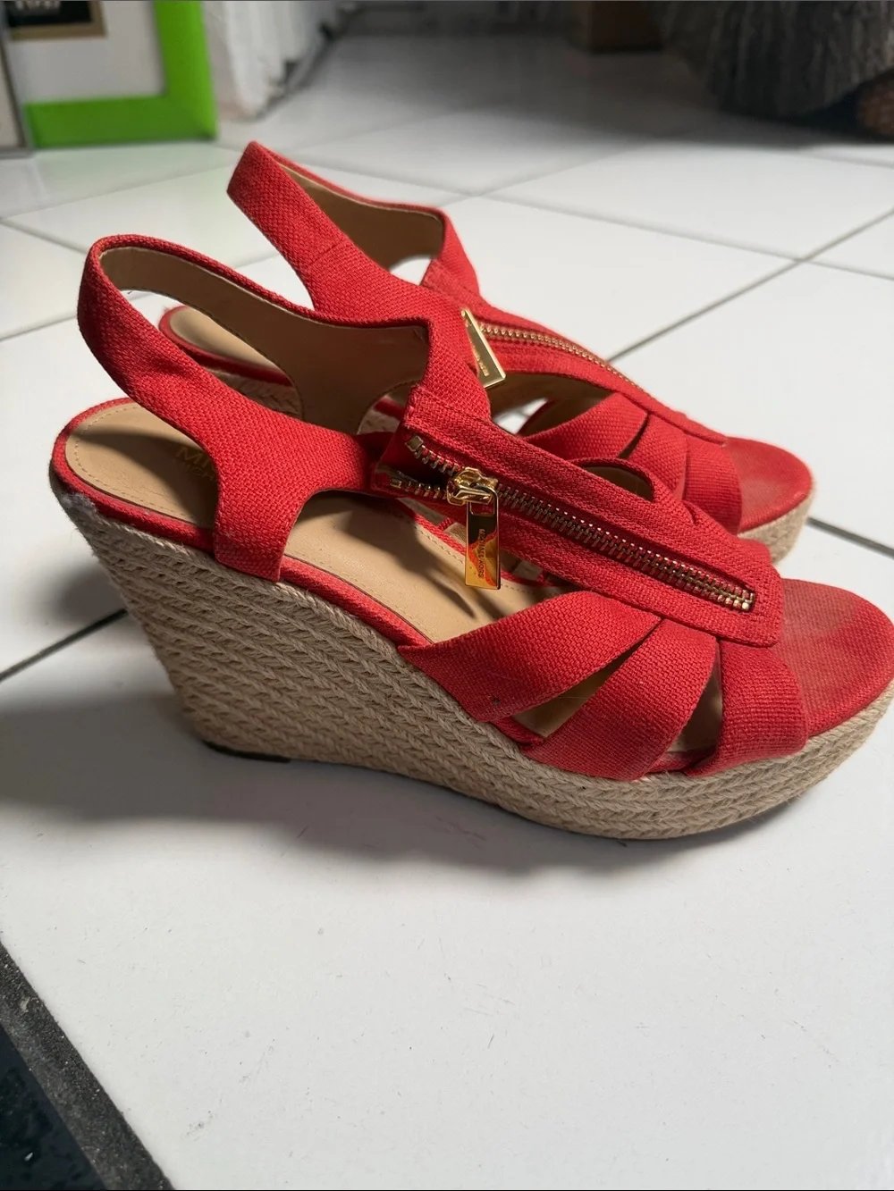MICHAEL Michael Kors Red Canvas Wedge Sandals with Front Zipper